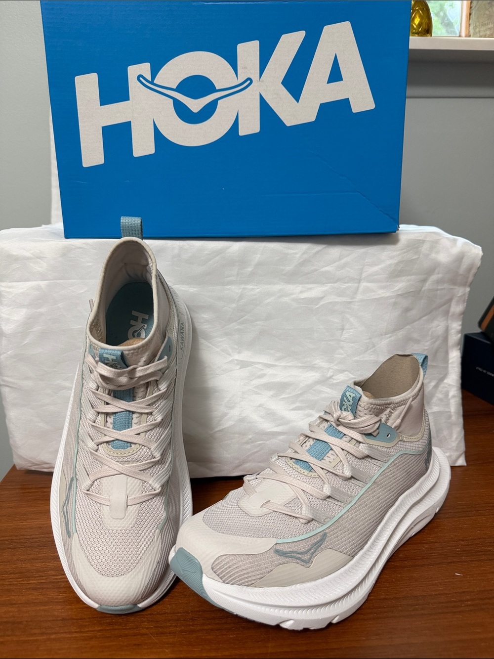 Hoka Women's Athletic Shoes Beige with Light Blue Accents